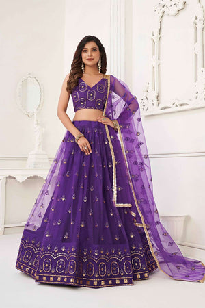 Purple Net Sequin Embroidered Lehenga Set
