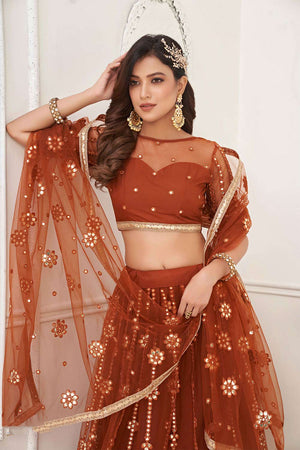 Brown Net Sequin Embroidered Lehenga Set (ACW7500)