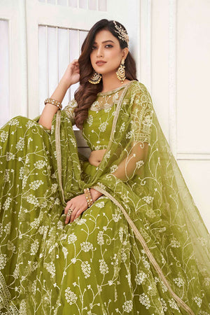 Olive Green Net And Embroidered Lehenga Set (ACW7501)