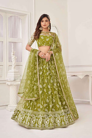 Olive Green Net And Embroidered Lehenga Set (ACW7501)