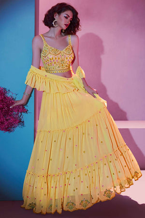 Yellow Georgette Thread Embroidered Lehenga Set (ACW7694)