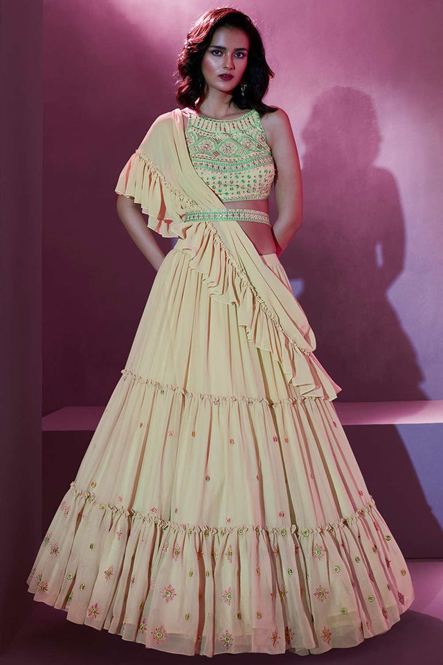 Cream Georgette Thread Embroidered ,Hand Lehenga Set (ACW7699)