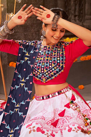 White Rayon Mirror And Thread Embroidered Lehenga Set (ACW7791)