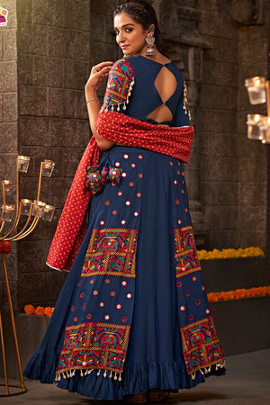 Blue Viscose Rayon Mirror And Thread Embroidered Lehenga Set (ACW7794)
