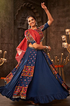 Blue Viscose Rayon Mirror And Thread Embroidered Lehenga Set (ACW7794)