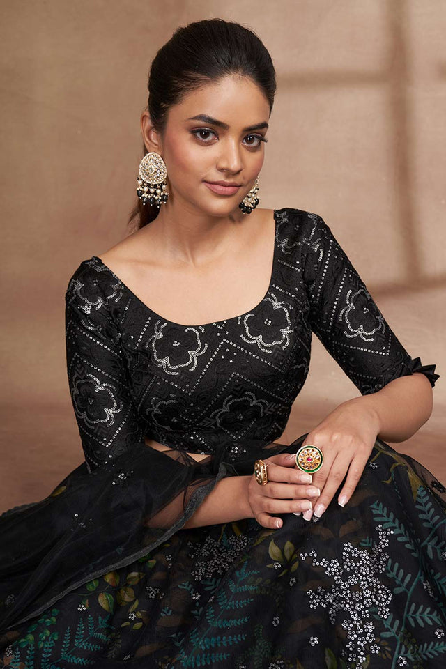 Black Organza Printed  Lehenga Set (ACW7921)