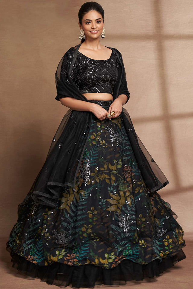 Black Organza Printed  Lehenga Set (ACW7921)