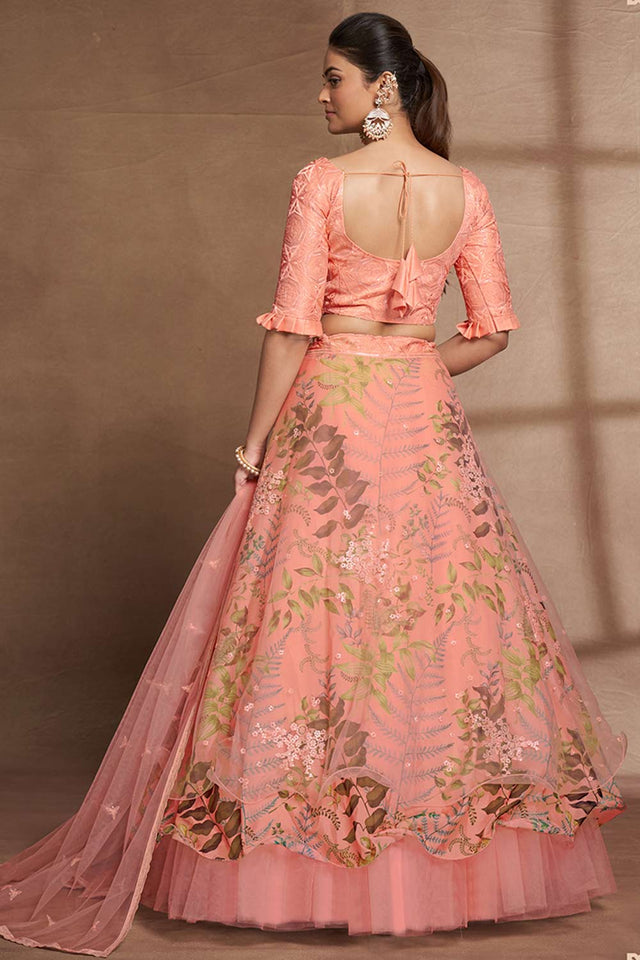 Peach Organza Printed  Lehenga Set (ACW7922)