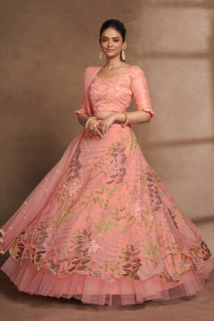 Peach Organza Printed  Lehenga Set (ACW7922)