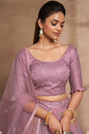 Purple Organza Printed  Lehenga Set (ACW7923)