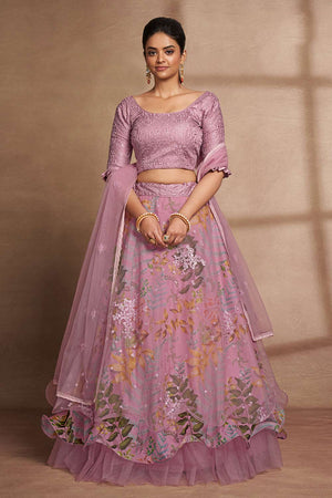 Purple Organza Printed  Lehenga Set (ACW7923)