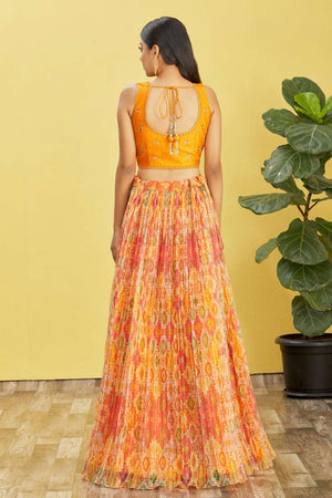Yellow Chinon Printed Lehenga Set