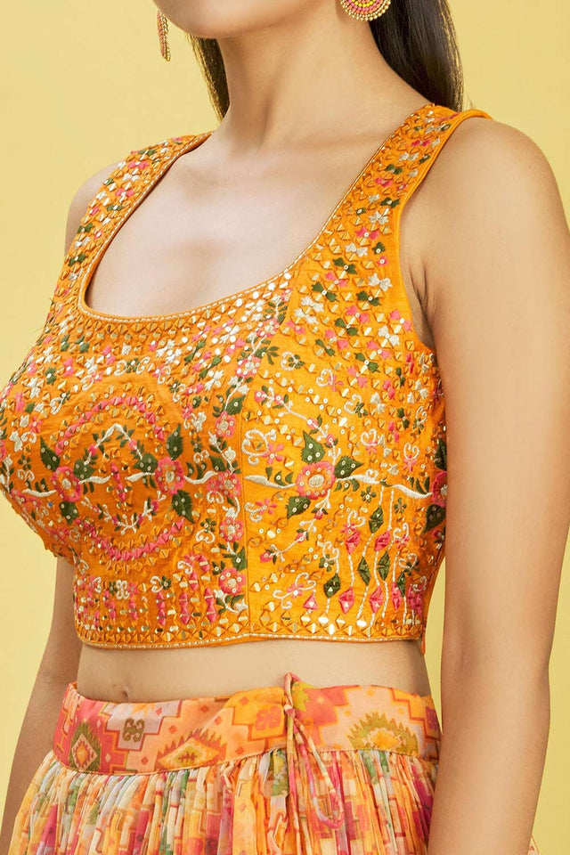 Yellow Chinon Printed Lehenga Set