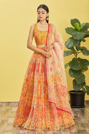 Yellow Chinon Printed Lehenga Set