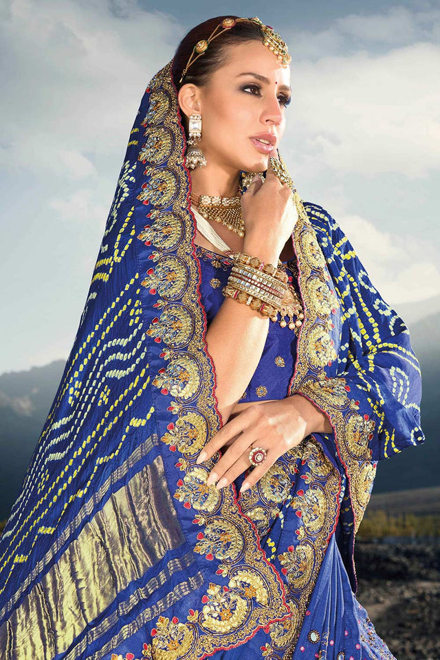 Blue Satin Diamond Work Saree