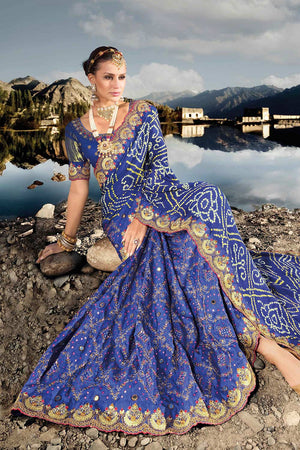 Blue Satin Diamond Work Saree
