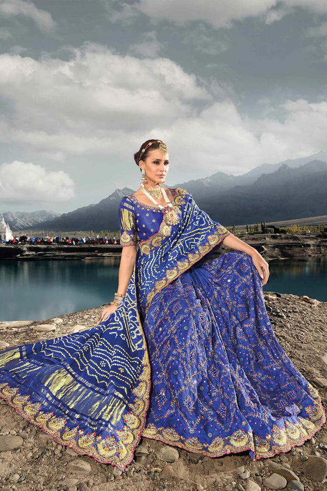Blue Satin Diamond Work Saree