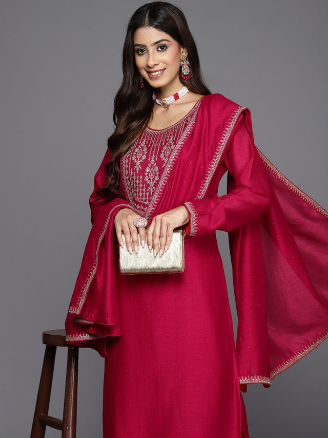 Red Vichitra Embroidered Kurti Pant Set (ACY1692)