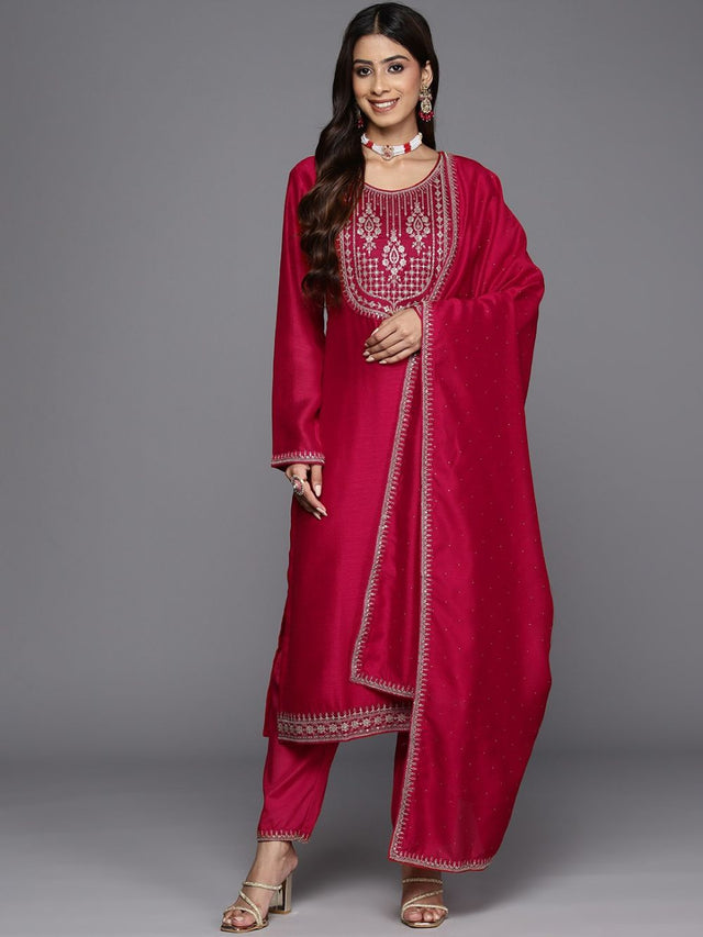 Red Vichitra Embroidered Kurti Pant Set (ACY1692)