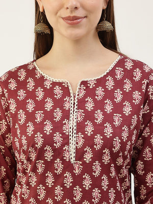Wine Cotton Printed Suit (ACY1703)