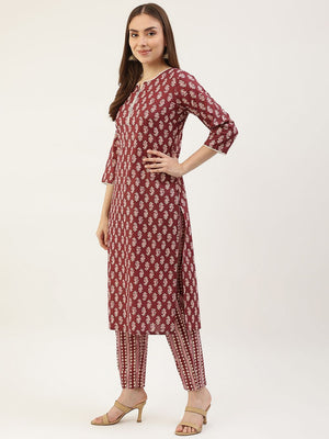 Wine Cotton Printed Suit (ACY1703)