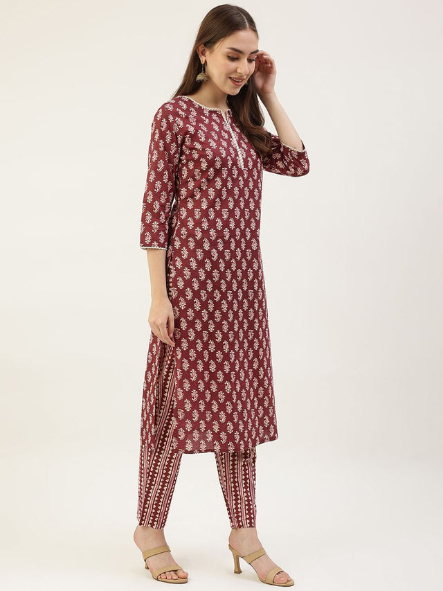 Wine Cotton Printed Suit (ACY1703)
