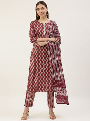 Wine Cotton Printed Suit (ACY1703)