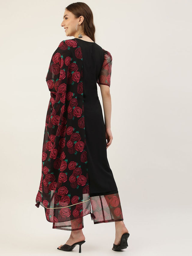 Black Poly Crepe Printed Palazzo Suit Set (ACY1705)