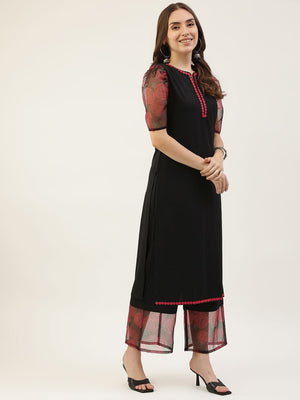 Black Poly Crepe Printed Palazzo Suit Set (ACY1705)