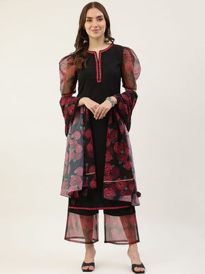 Black Poly Crepe Printed Palazzo Suit Set (ACY1705)