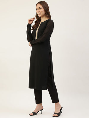 Black Poly Crepe Printed Suit