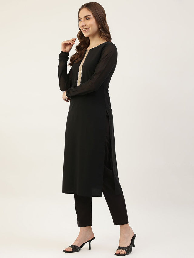 Black Poly Crepe Printed Suit