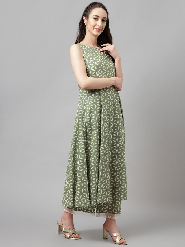 Pista Cotton Printed Anarkali Suit Set