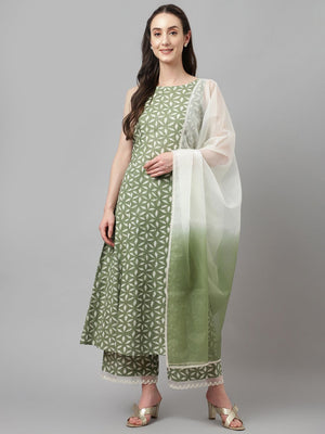 Pista Cotton Printed Anarkali Suit Set
