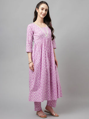 Purple Cotton Printed Anarkali Suit Set