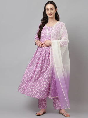 Purple Cotton Printed Anarkali Suit Set