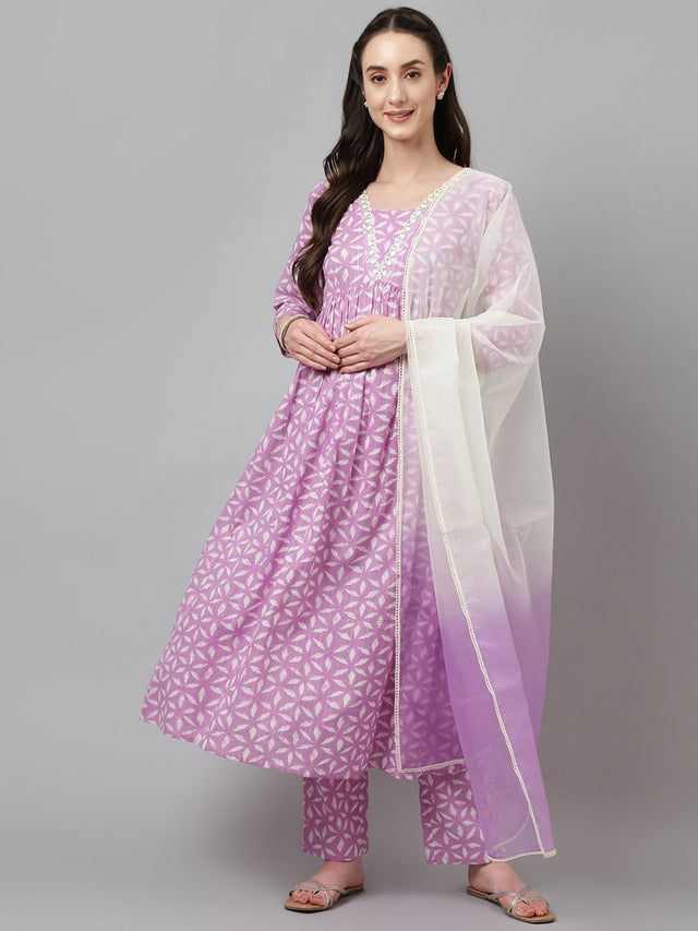Purple Cotton Printed Anarkali Suit Set