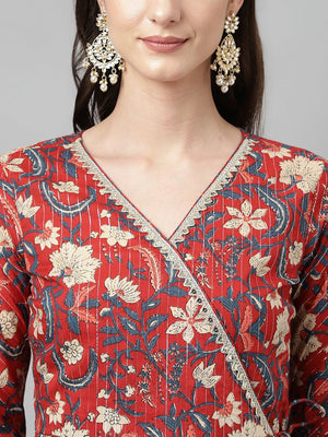 Maroon Cotton Printed Anarkali Suit Set