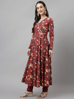 Maroon Cotton Printed Anarkali Suit Set