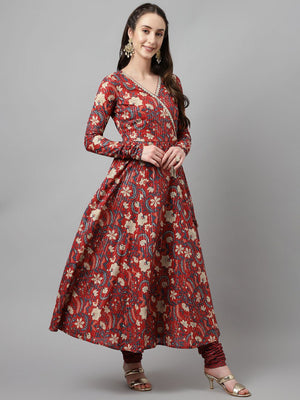Maroon Cotton Printed Anarkali Suit Set