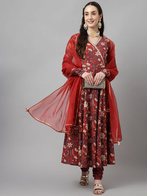 Maroon Cotton Printed Anarkali Suit Set