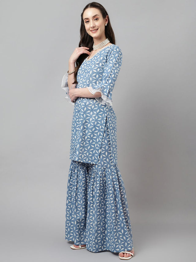 Blue Cotton Printed Sharara Suit Set