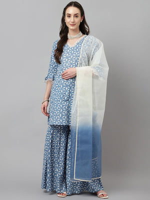 Blue Cotton Printed Sharara Suit Set