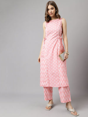 Pink Cotton Printed Kurti Pant Set