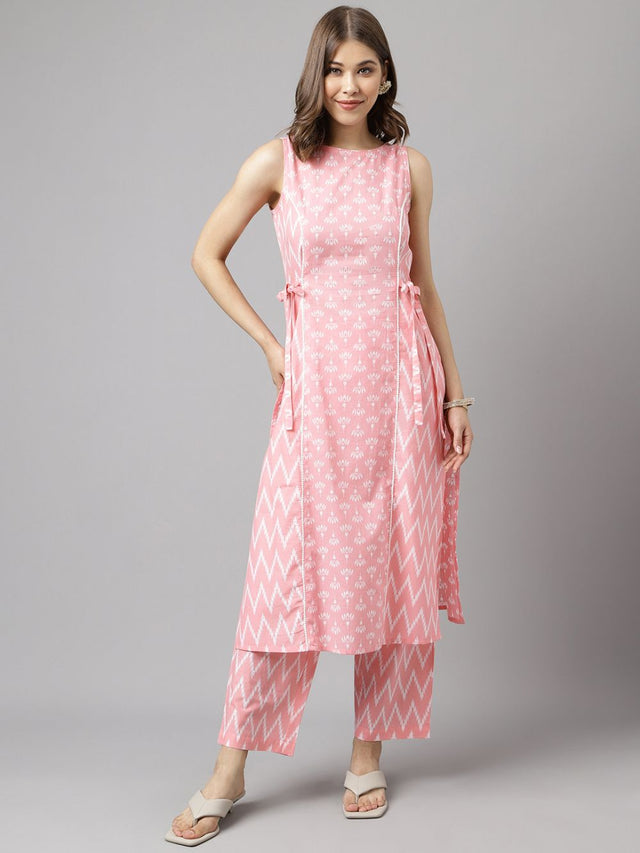 Pink Cotton Printed Kurti Pant Set