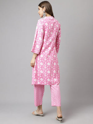 Pink Cotton Printed Kurti Pant Set