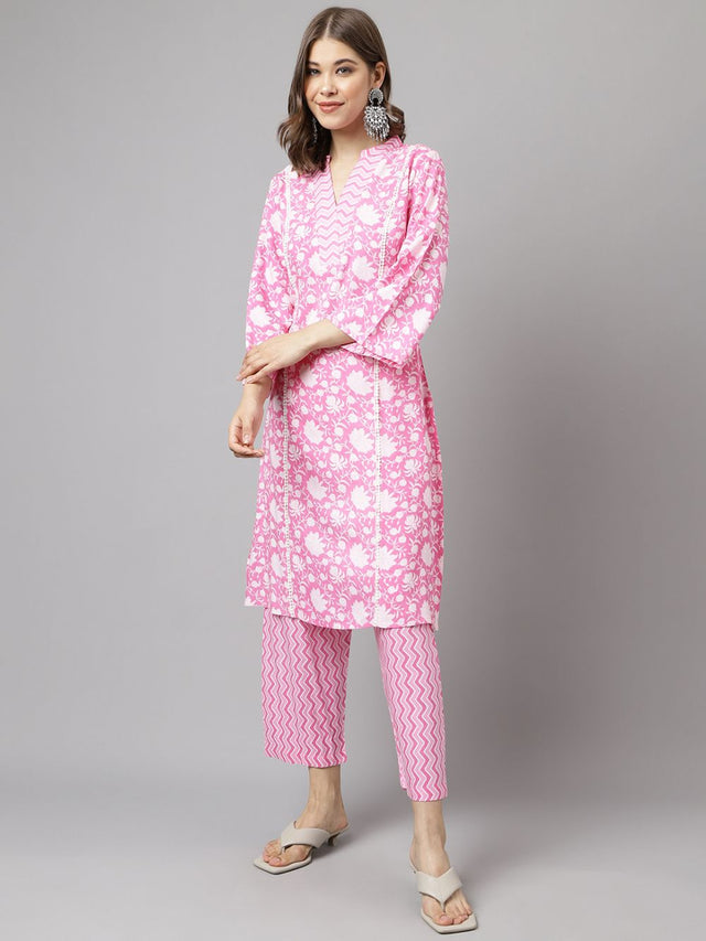 Pink Cotton Printed Kurti Pant Set