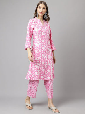 Pink Cotton Printed Kurti Pant Set