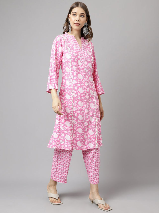 Pink Cotton Printed Kurti Pant Set