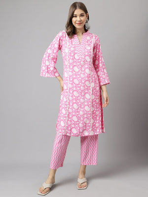 Pink Cotton Printed Kurti Pant Set